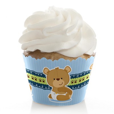 Big Dot of Happiness Boy Baby Teddy Bear - Baby Shower Decorations - Party Cupcake Wrappers - Set of 12