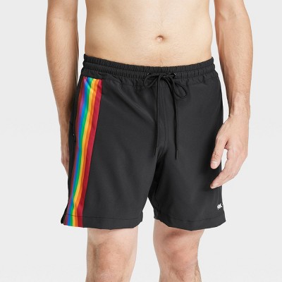 Pride Adult Humankind Swim Trunks - Black Rainbow Striped