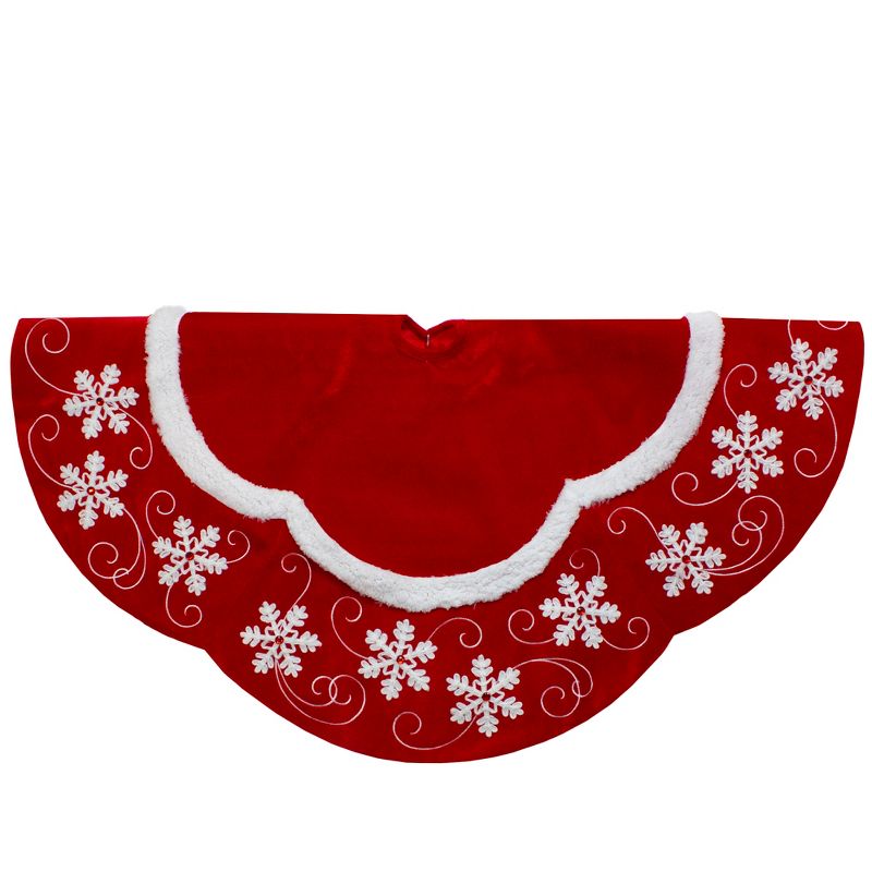 Northlight 48-Inch Velvet Red and White Snowflake Scallop Christmas Tree Skirt, 1 of 4