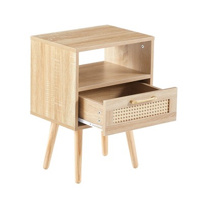 NicBex Mid-Century Side Table for Bedroom Modern Wooden Nightstand with Rattan Drawer