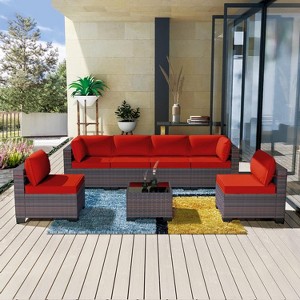 ALAULM Patio Furniture Set 7 Pieces Outdoor Sectional Rattan Sofa Set Brown Manual Wicker Patio Conversation Set with Red Cushions - 1 of 4