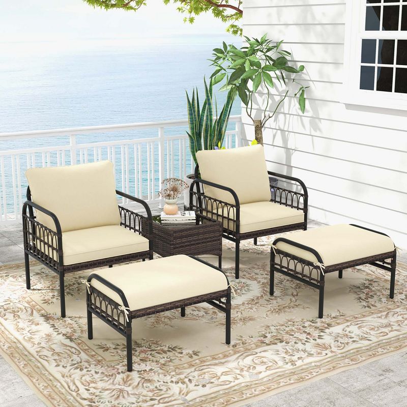 Costway 5 PCS Patio Conversation Set Outdoor Wicker Chair Set with Ottomans & Coffee Table, 1 of 11