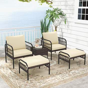Costway 5 PCS Patio Conversation Set Outdoor Wicker Chair Set with Ottomans & Coffee Table