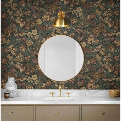 Mahogany and Graphite Bird Floral Peel and Stick Wallpaper