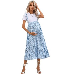 Maternity Maxi Skirt Womens High Waisted Boho Summer Casual Flowy Ruffle Suspender Long Pregnancy Skirt Overall Dress - 1 of 4