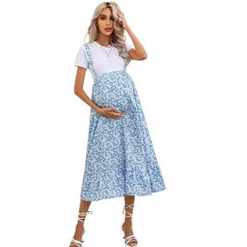 Maternity Maxi Skirt Womens High Waisted Boho Summer Casual Flowy Ruffle Suspender Long Pregnancy Skirt Overall Dress
