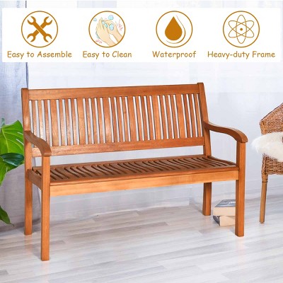 Eucalyptus Wood Outdoor Loveseat Bench with Armrests