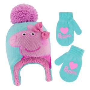 Peppa Pig Girls' Winter Hat and Mittens Set, Toddlers Age 2-4 (Blue/Pink) - 1 of 2