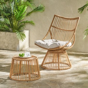 Outdoor Chair and Table Set with Beige Cushion, Light Brown Faux Rattan and Iron Frame for Balcony, Porch or Compact Garden Space-Cuddlewood - 1 of 4