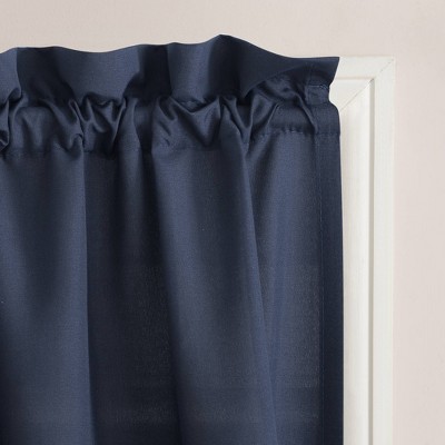 Navy Blue Sheer Polyester Rod Pocket Kitchen Curtain Set