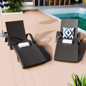 Set Of 2 Outdoor Wicker Chaise Lounge Chairs With Adjustable Backrest,Patio Rattan Reclining Chair With Pull-out Side Table -Maison Boucle - 1 of 4