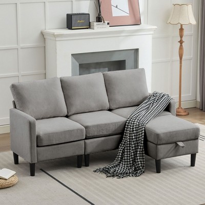 HYLEORY L-Shaped Convertible Sectional Sofa Couch 3 Seater with Linen Fabric, Complete with Ottoman, for Living Room, Apartment and Office