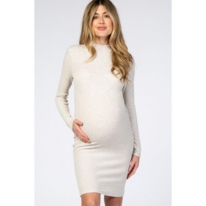 PinkBlush Beige Ribbed Mock Neck Fitted Maternity Dress - 1 of 4