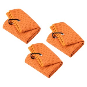Unique Bargains Super Absorbent Waffle Pattern Tri-Fold Golf Towels with D Clips 3 Pcs - 1 of 4