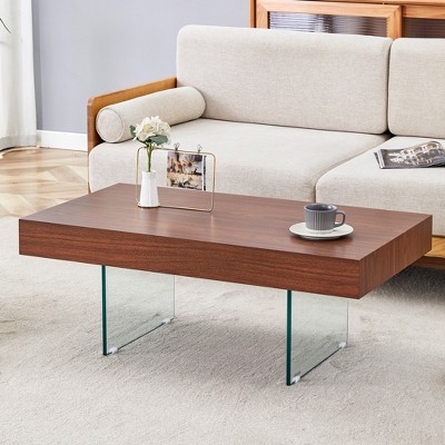 Modern Coffee Table Center Table Sofa Table Side Table Cocktail Table with Tempered Glass Legs, Rectangle/Square, Walnut/Natural-ModernLuxe