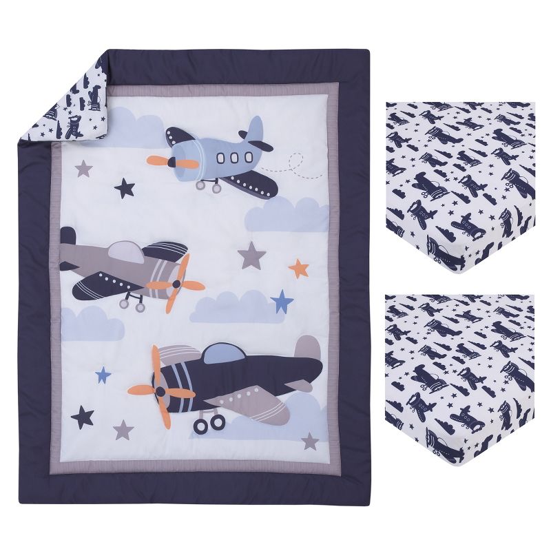 Little Love by NoJo Soar High Little One Navy, Orange, and White 3 Piece Nursery Mini Crib Bedding Set - Comforter, and Two Fitted Mini Crib Sheets, 5 of 7