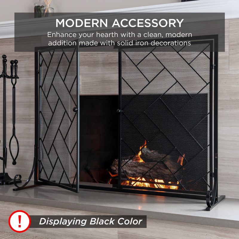 Best Choice Products 44x33in 2-Panel Handcrafted Wrought Iron Geometric Fireplace Screen w/ Magnetic Doors, 4 of 11
