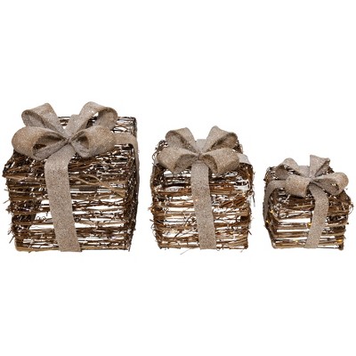 Brown Rattan Lighted Gift Boxes with Burlap Bows Set