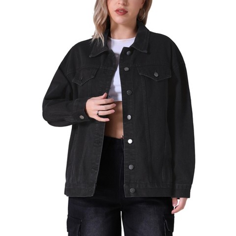INSPIRE CHIC Women's Long Sleeve Turndown Collar Button Down Oversized Denim Jacket with Pockets Black Small