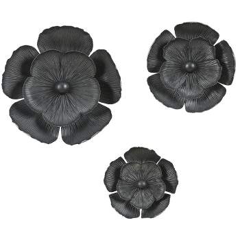 LuxenHome 3-Piece Black Metal Flowers Wall Decor