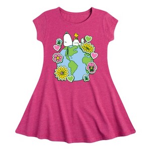 Girls' - Peanuts - Snoopy Woodstock Earth Stickers Fit & Flair Cap Sleeve Graphic Dress - 1 of 3
