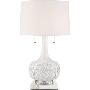Possini Euro Design Natalia Country Cottage Table Lamp with Square White Marble Riser 27" Tall White Floral Ceramic Drum Shade for Bedroom Living Room - 1 of 4