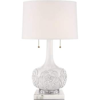 Possini Euro Design Natalia Country Cottage Table Lamp with Square White Marble Riser 27" Tall White Floral Ceramic Drum Shade for Bedroom Living Room