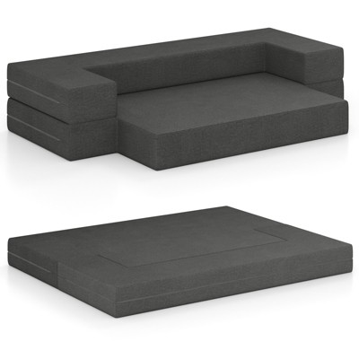 Tangkula Folding Bed Couch Fold Out Futon Sofa with Removable & Washable Covers Queen/Twin Size Convertible Mattress Gray