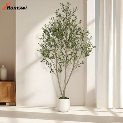 Romswi Olive Faux Tree, 5ft/6ft/7ft Tall Artificial Olive Tree with White Tall Pot, with Natural Leaves Lifelike Fruits for Home Office Decor Indoor