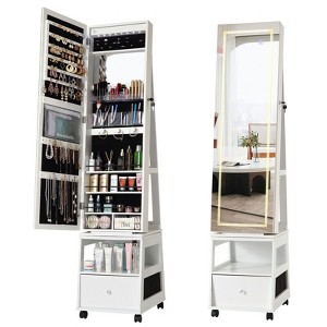 360° Swivel Jewelry Armoire with Full Length Mirror, Jewelry Armoire with Led, Jewelry Storage, Bottom Drawer, Shelf, Wheels - 1 of 4
