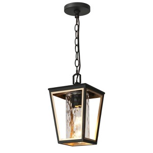 LNC Hewifda 1-Light 7" Modern Lantern Mini Outdoor Pendant Lights, Matte Black and Gold with  Textured Glass Shade - 1 of 4