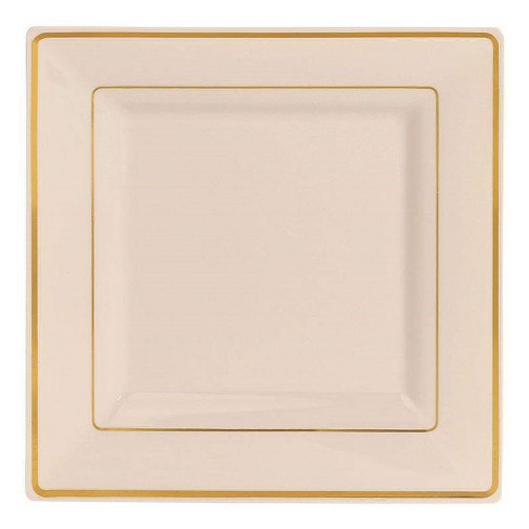 Smarty Had A Party 9.5" Ivory with Gold Square Edge Rim Plastic Dinner Plates (120 Plates) - image 1 of 4