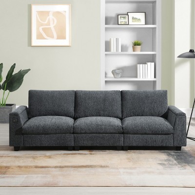 96''W Chenille Wide Seat Sectional Sofa,Comfy Cloud Couch Set With Drop Down Table,Cup Holders,USB Charger,Storage Armrest -Maison Boucle