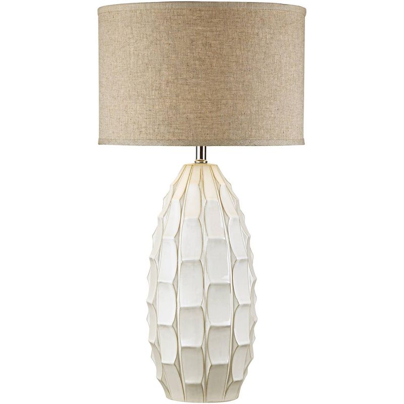 Possini Euro Design Cosgrove Modern Mid Century Table Lamp 32 3/4" Tall White Glazed Ceramic Beige Fabric Drum Shade for Bedroom Living Room Bedside, 1 of 10