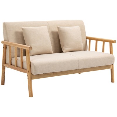 Beige Linen Upholstered Lawson Loveseat with Medium Wood Frame