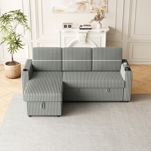 TiramisuBest 85" 3-Seater Corduroy Sofa Bed with Storage Chaise, Pull-Out Sleeper & USB Cup-Holder Handrail for Living Room,Light Gray - 1 of 4
