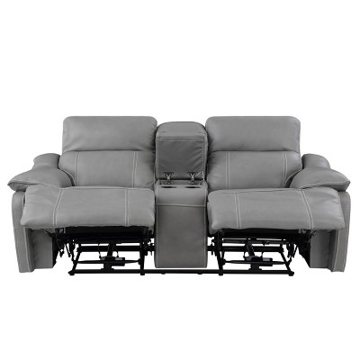 Gray Faux Leather Power Reclining Loveseat with Storage and Cup Holder