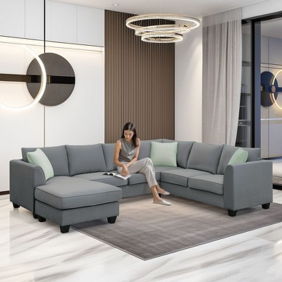 7-Seat Modular?Sectional Sofa Set: L-Shape Fabric?Corner Couch?with Ottoman & 3 Pillows