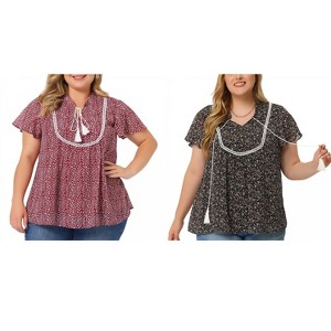 Women's Plus Size 2 Piece Tie Neck Ruffle Sleeve Lace Trim Peasant Casual Floral Blouse - Agnes Orinda - 1 of 4