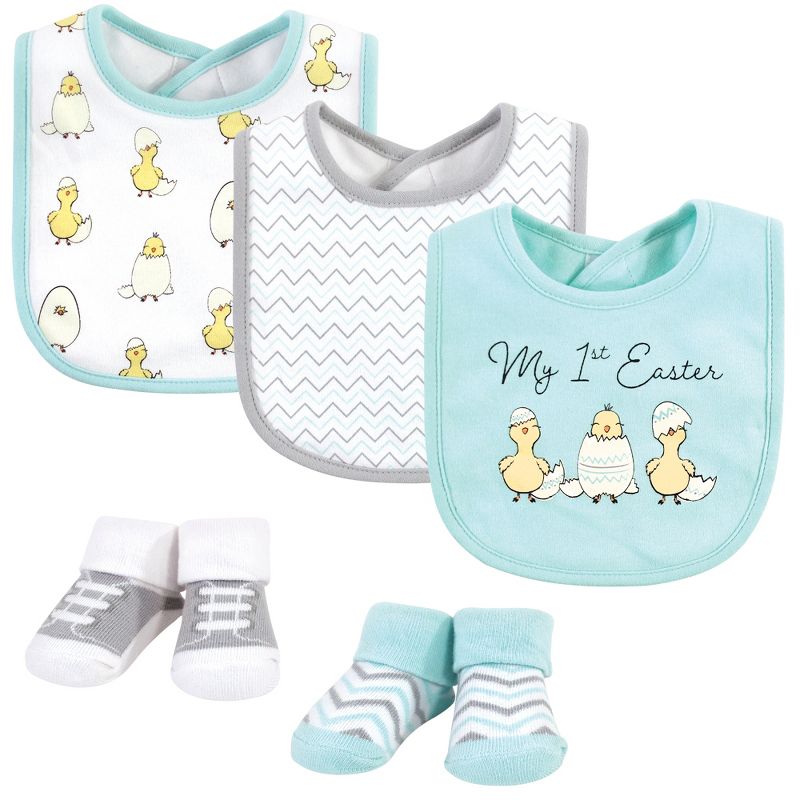 Hudson Baby Infant Girl Cotton Bib and Sock Set, Easter Chicks, One Size, 1 of 8