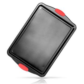 NutriChef Large Cookie Sheet - Deluxe Nonstick Gray Coating Inside & Outside With Red Silicone Handles
