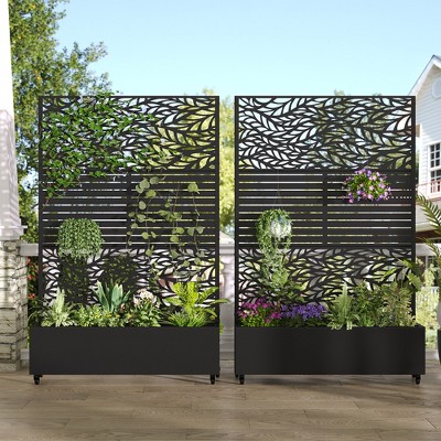 Wooakway 72"H Two-tone Patio Planter Box with Trellis Metal Raised Garden Bed Black Decorative Privacy Screen with Wheels