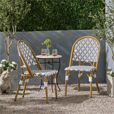 SKRAN Outdoor PE Rattan and Aluminum French Bistro Chairs, Set of 2, Gray & White, and Bamboo Finish  for Garden, Patio, Outdoor