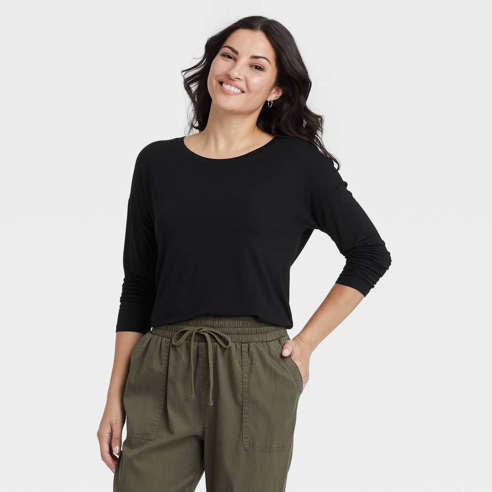 size xl Women's Long Sleeve Rayon Span T-Shirt - A New Day Black XL