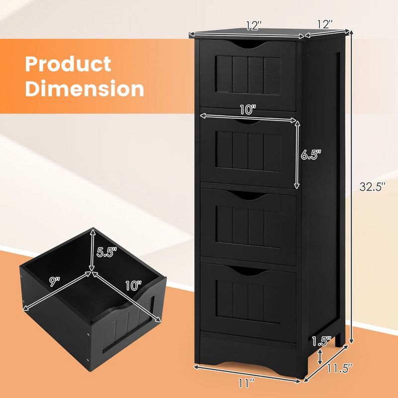 Costway 4-Drawer Bathroom Floor Cabinet Free Standing Storage Side Organizer Black/Espresso, 3 of 11