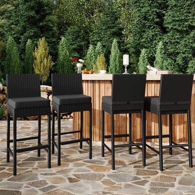 Patio Wicker Barstools With Cushions, Outdoor Wicker Bar Stools Set of 2, Outdoor Rattan Bar Height Stool Set Armless for Backyard, Poolside