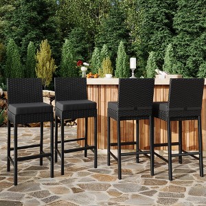 Patio Wicker Barstools With Cushions, Outdoor Wicker Bar Stools Set of 2, Outdoor Rattan Bar Height Stool Set Armless for Backyard, Poolside - 1 of 4