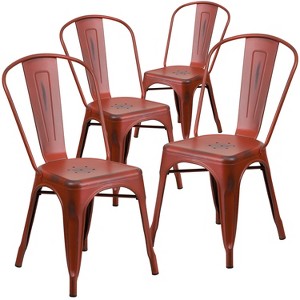 Emma and Oliver Commercial Grade 4 Pack Distressed Metal Indoor-Outdoor Stackable Chair - 1 of 4