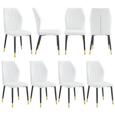 Vynxaria Set of 8 White PU Dining Chairs with Black Metal Legs