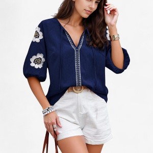 Anna-Kaci Women's Embroidered Short Sleeve Blouse with Floral Motif and Split V-Neck Detail for Casual Summer Style - 1 of 4